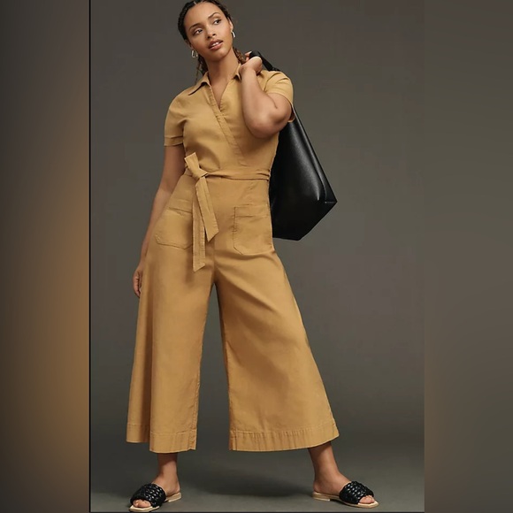 NWT Anthropologie Maeve Faux Wrap Culotte Jumpsuit in Honey - Size 8 - Picture 2 of 5